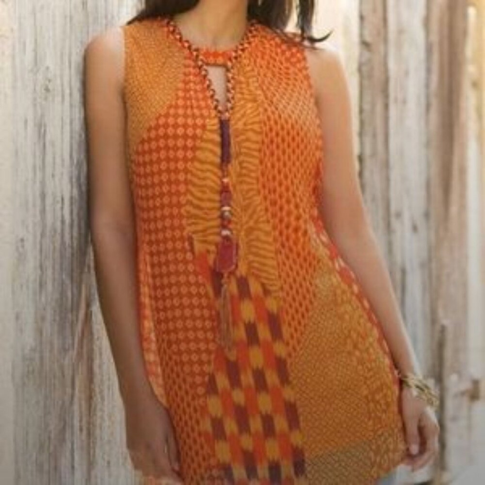 Soft Surroundings Moors Tunic Tank Top Orange Tassel Beads Braided Neck Size M